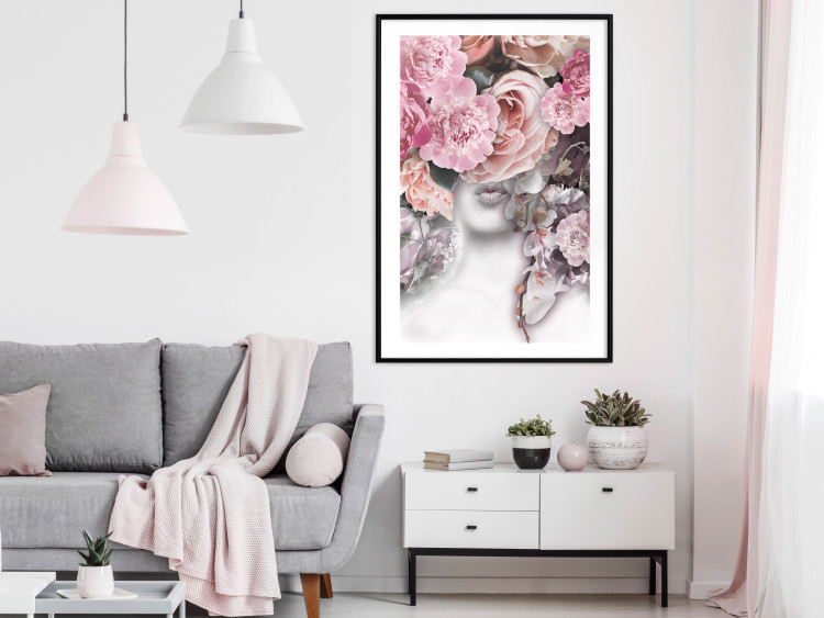 Wall Poster Give a Kiss - abstract portrait of a woman surrounded by light roses 127242 additionalImage 18