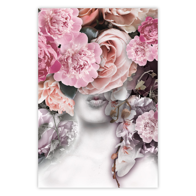 Wall Poster Give a Kiss - abstract portrait of a woman surrounded by light roses 127242