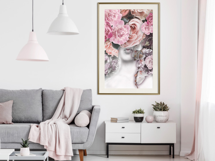 Wall Poster Give a Kiss - abstract portrait of a woman surrounded by light roses 127242 additionalImage 22