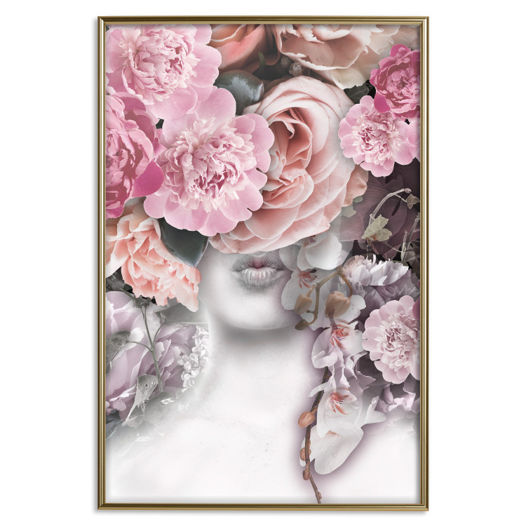 Wall Poster Give a Kiss - abstract portrait of a woman surrounded by light roses 127242 additionalImage 21