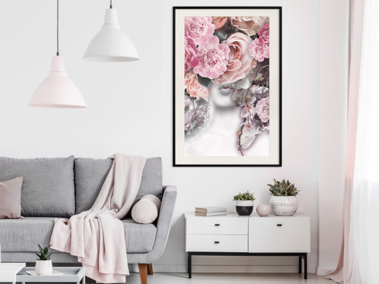 Wall Poster Give a Kiss - abstract portrait of a woman surrounded by light roses 127242 additionalImage 24