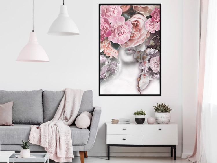 Wall Poster Give a Kiss - abstract portrait of a woman surrounded by light roses 127242 additionalImage 4