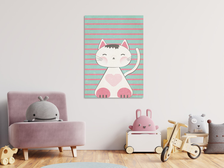 Canvas Print Striped Kitten (1-part) vertical - pastel cat on a striped background 129542 additionalImage 3
