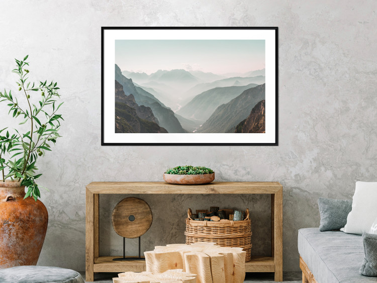 Poster Mountain Horizon - landscape of rocky mountains with a gentle misty glow 129842 additionalImage 18