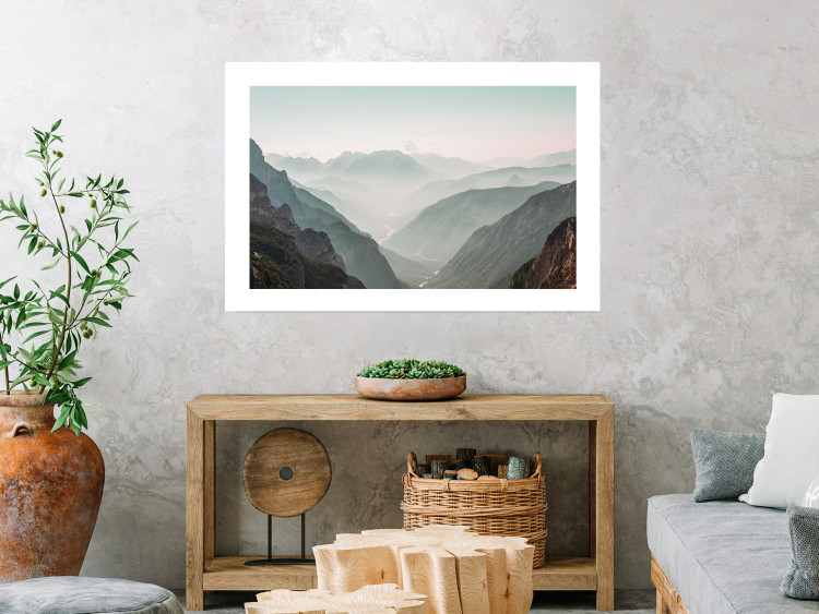 Poster Mountain Horizon - landscape of rocky mountains with a gentle misty glow 129842 additionalImage 3