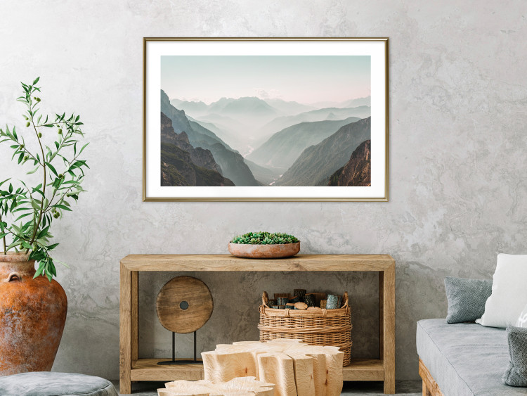 Poster Mountain Horizon - landscape of rocky mountains with a gentle misty glow 129842 additionalImage 13