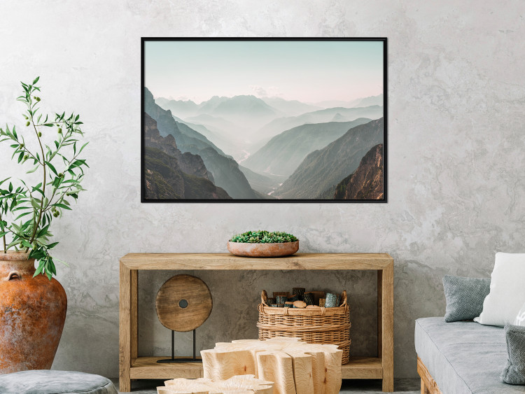 Poster Mountain Horizon - landscape of rocky mountains with a gentle misty glow 129842 additionalImage 4