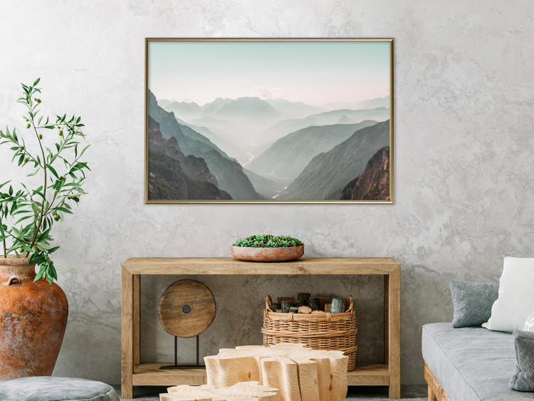 Poster Mountain Horizon - landscape of rocky mountains with a gentle misty glow 129842 additionalImage 5