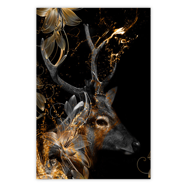 Wall Poster Deer's Treasure - abstract deer amid golden details on a black background 134742