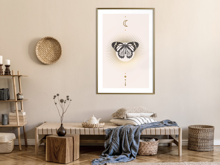 Wall Poster Butterfly's Secret - black and white insect against pink and golden sun 136542 additionalImage 9