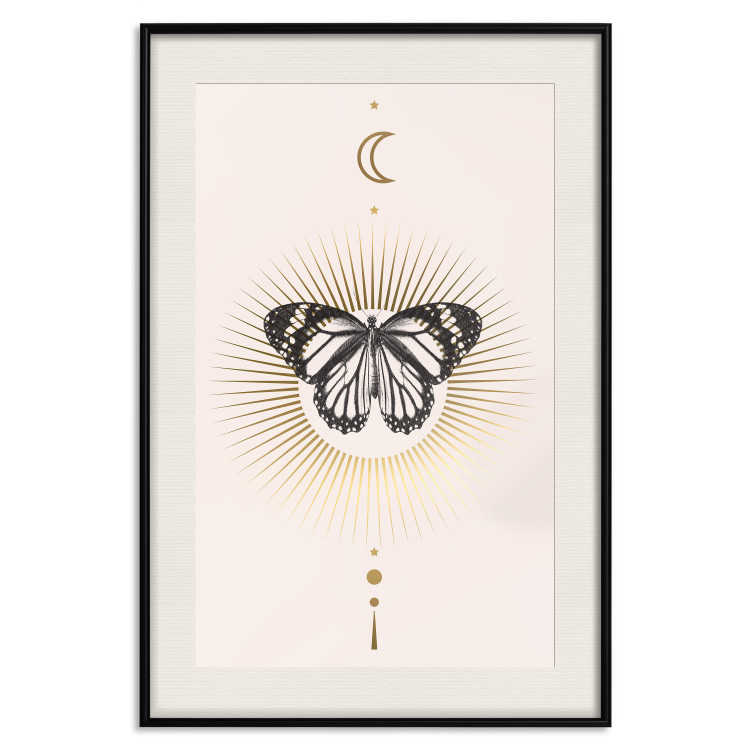 Wall Poster Butterfly's Secret - black and white insect against pink and golden sun 136542 additionalImage 4