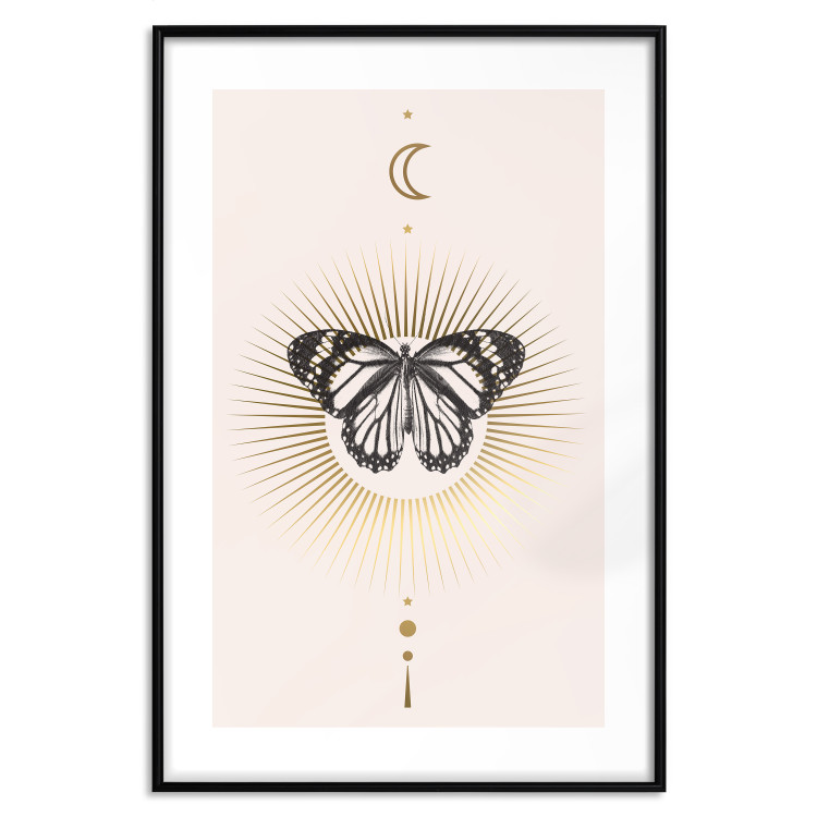 Wall Poster Butterfly's Secret - black and white insect against pink and golden sun 136542 additionalImage 3
