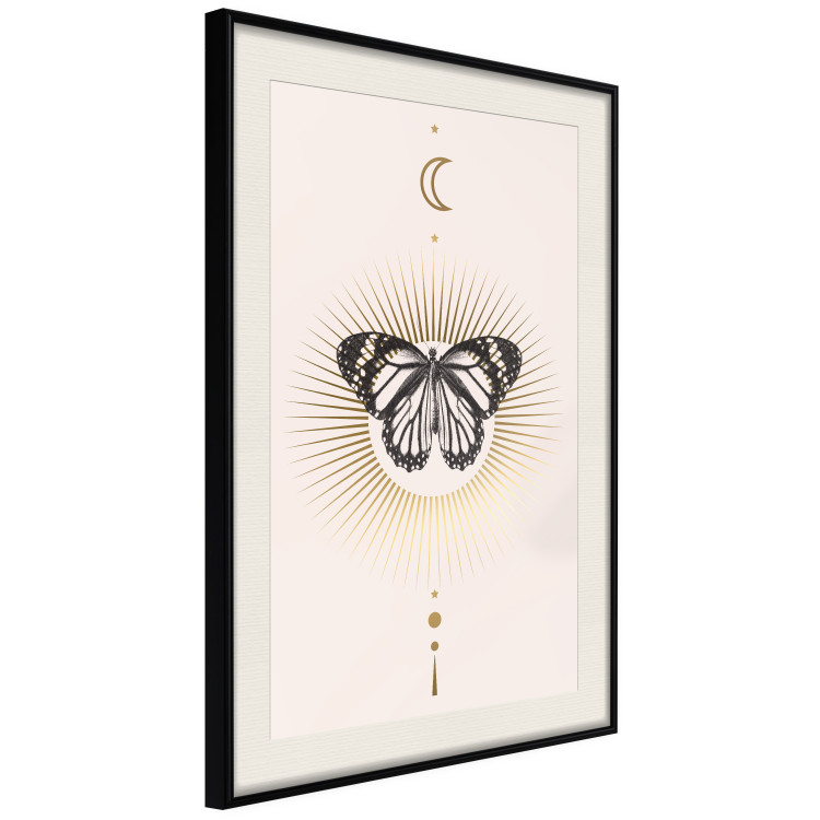 Wall Poster Butterfly's Secret - black and white insect against pink and golden sun 136542 additionalImage 21
