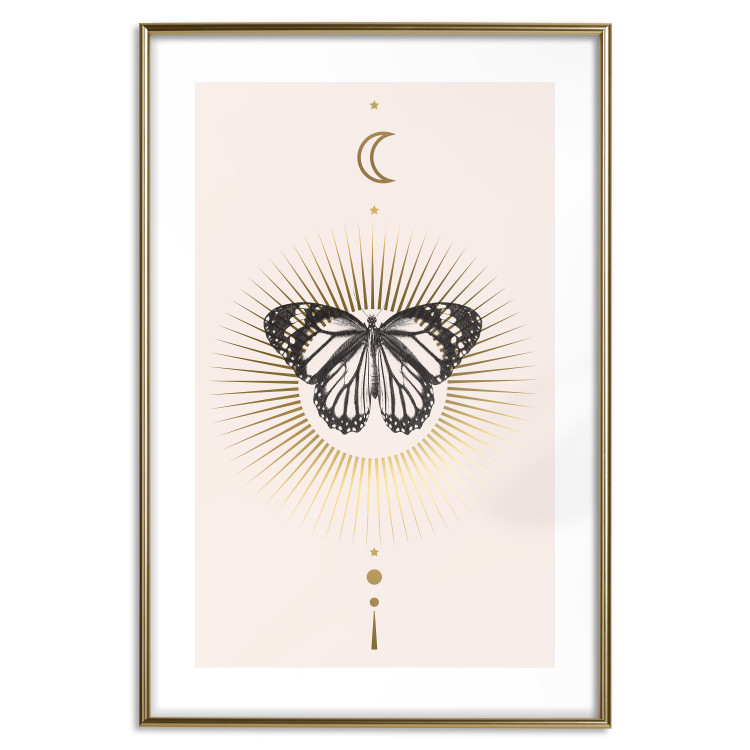 Wall Poster Butterfly's Secret - black and white insect against pink and golden sun 136542 additionalImage 2