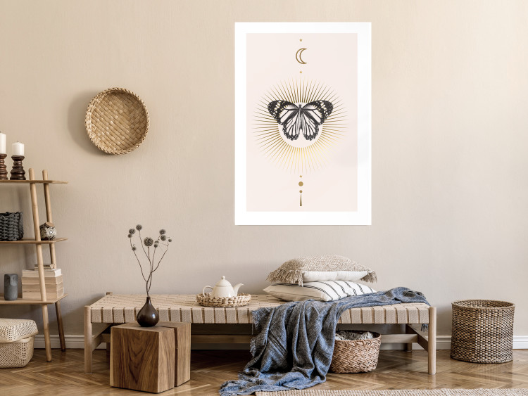 Wall Poster Butterfly's Secret - black and white insect against pink and golden sun 136542 additionalImage 25