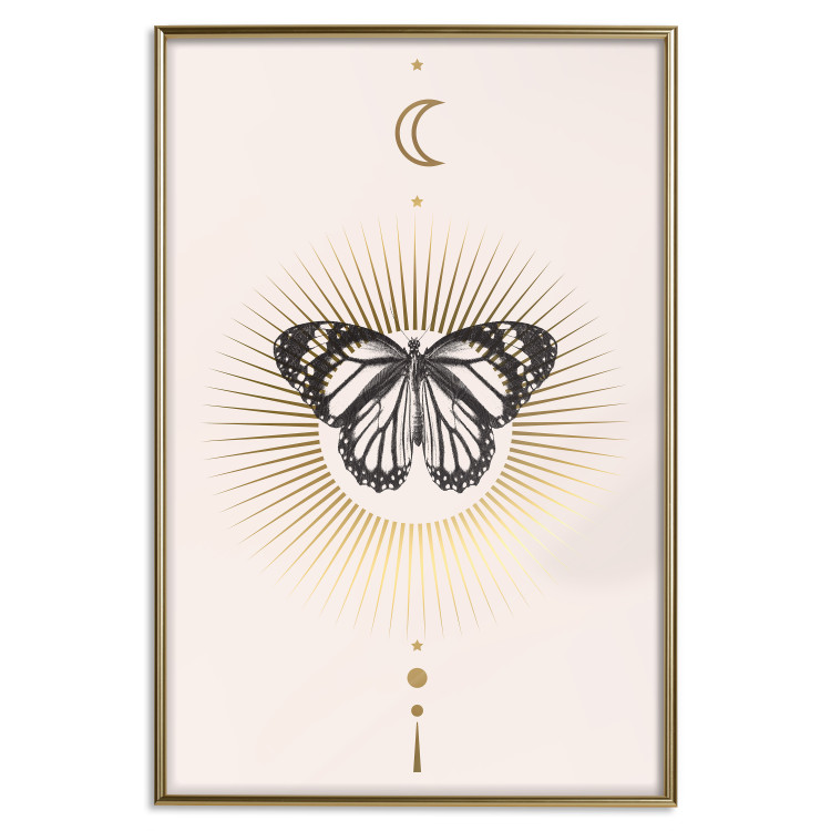 Wall Poster Butterfly's Secret - black and white insect against pink and golden sun 136542 additionalImage 6