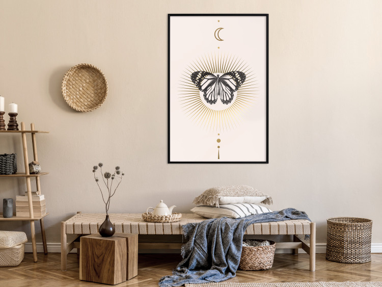 Wall Poster Butterfly's Secret - black and white insect against pink and golden sun 136542 additionalImage 26
