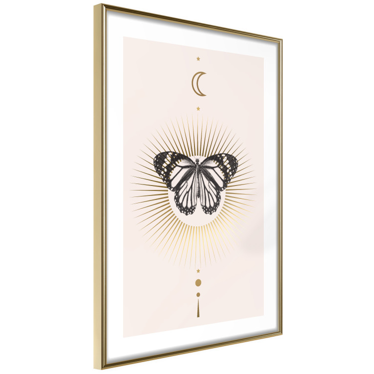 Wall Poster Butterfly's Secret - black and white insect against pink and golden sun 136542 additionalImage 14