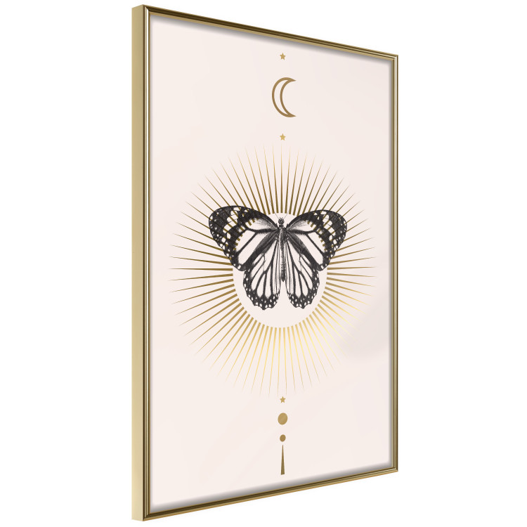 Wall Poster Butterfly's Secret - black and white insect against pink and golden sun 136542 additionalImage 23