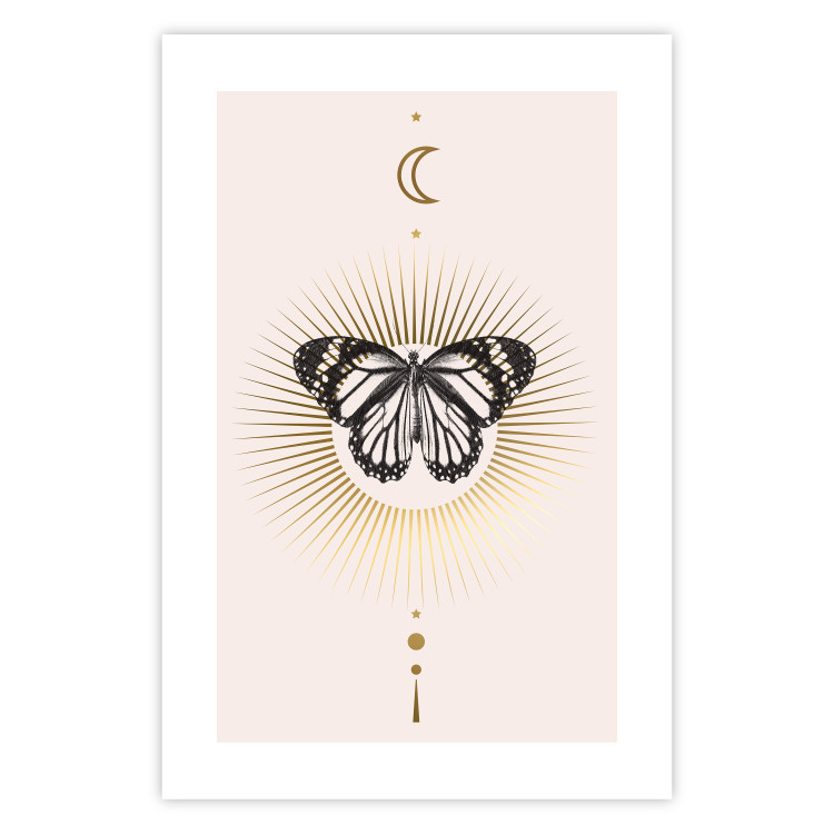 Wall Poster Butterfly's Secret - black and white insect against pink and golden sun 136542 additionalImage 10