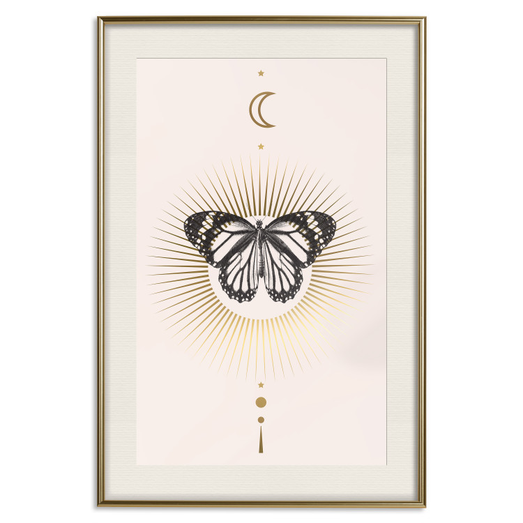 Wall Poster Butterfly's Secret - black and white insect against pink and golden sun 136542 additionalImage 2