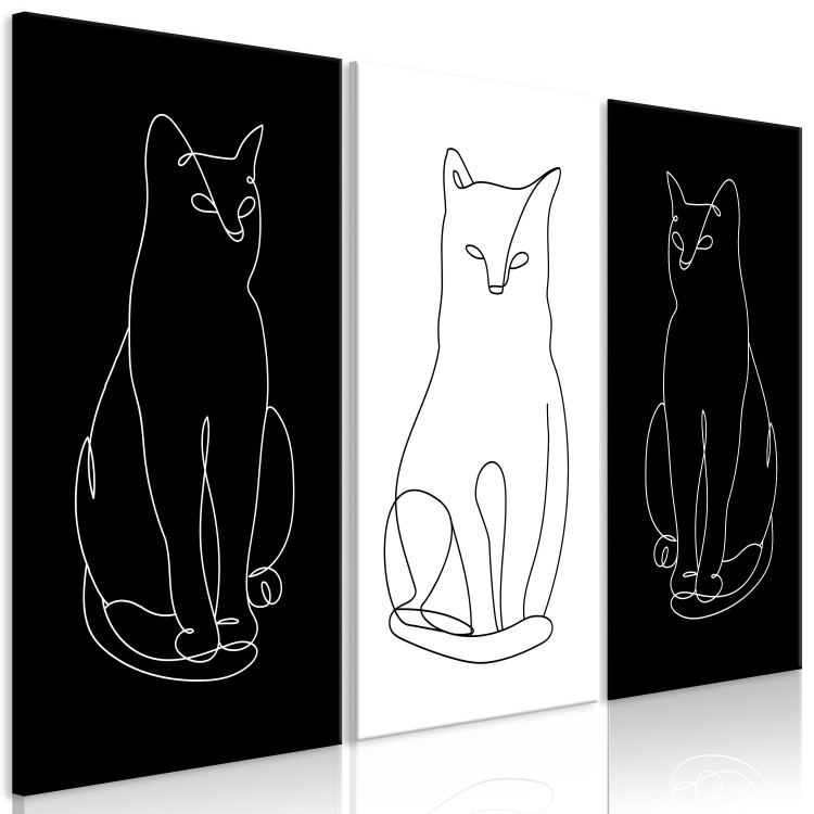 Canvas Print Elegant Cats (3-piece) - black and white lineart with quadrupeds 142342 additionalImage 2