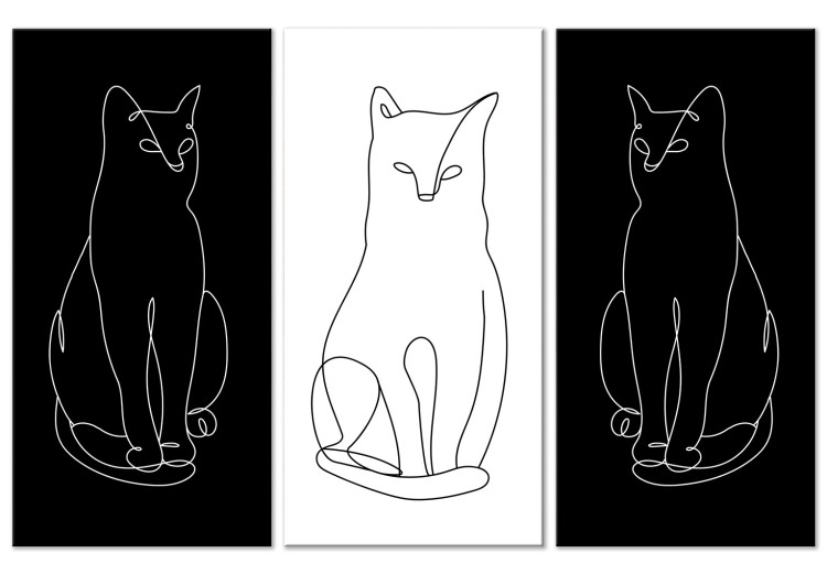 Canvas Print Elegant Cats (3-piece) - black and white lineart with quadrupeds 142342