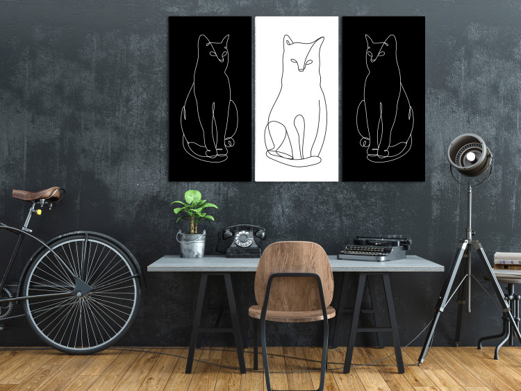 Canvas Print Elegant Cats (3-piece) - black and white lineart with quadrupeds 142342 additionalImage 3