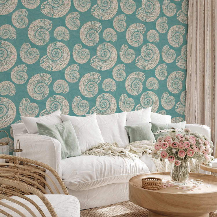 Modern Wallpaper Underwater World - Pattern of Bright Shells on a Turquoise Background 150042