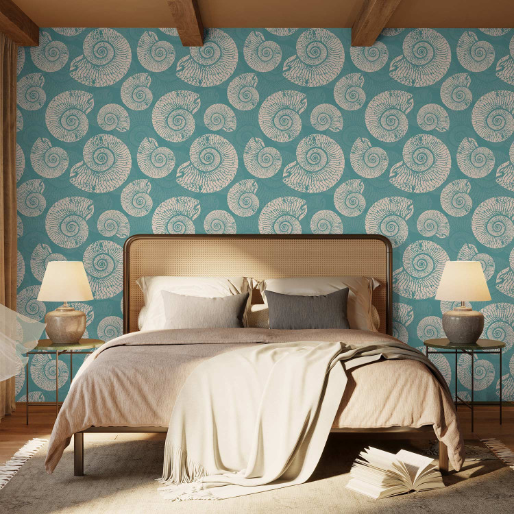 Modern Wallpaper Underwater World - Pattern of Bright Shells on a Turquoise Background 150042 additionalImage 4
