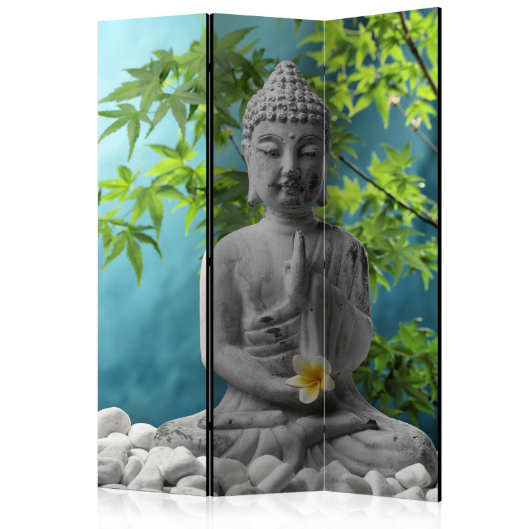 Room Separator Meditating Buddha - stone texture of Buddha with a flower in a Zen motif 97342