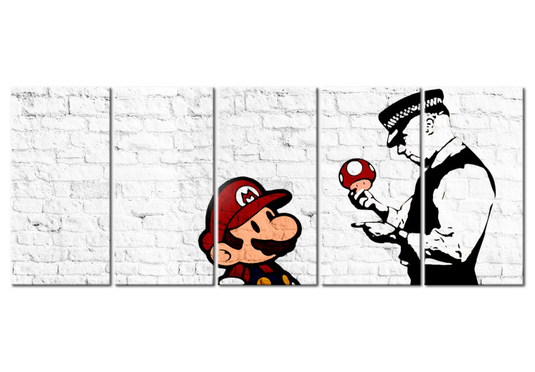 Canvas Art Print Graffiti on Brick (5-piece) - Mario and Policeman in Pop Art Style 106252