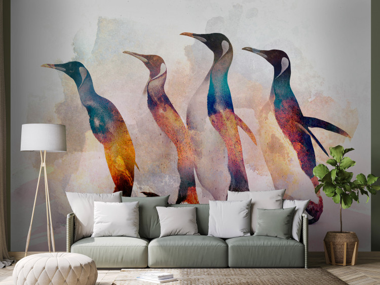 Photo Wallpaper Winter animals - penguin motif on a light background with coloured accent 127552