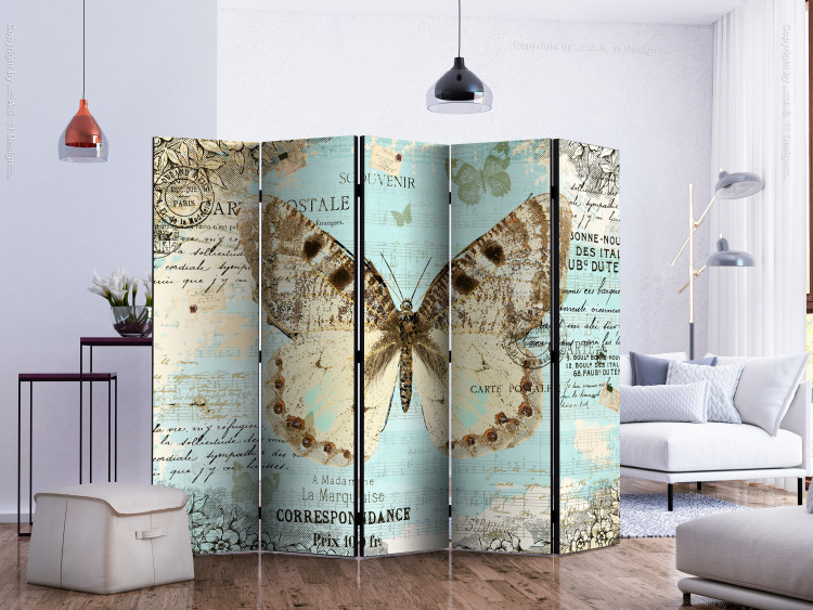 Room Divider Postcard with Butterfly II (5-piece) - beige insect against a background of inscriptions 133352 additionalImage 2