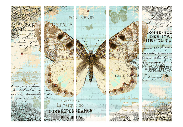 Room Divider Postcard with Butterfly II (5-piece) - beige insect against a background of inscriptions 133352 additionalImage 3