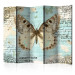 Room Divider Postcard with Butterfly II (5-piece) - beige insect against a background of inscriptions 133352