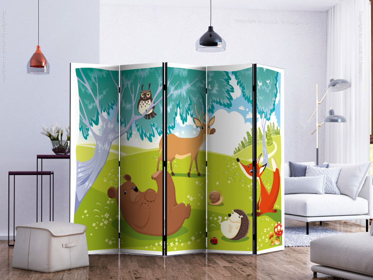 Folding Screen Happy Animals II - colorful forest animals next to a tree in a meadow 133752 additionalImage 2