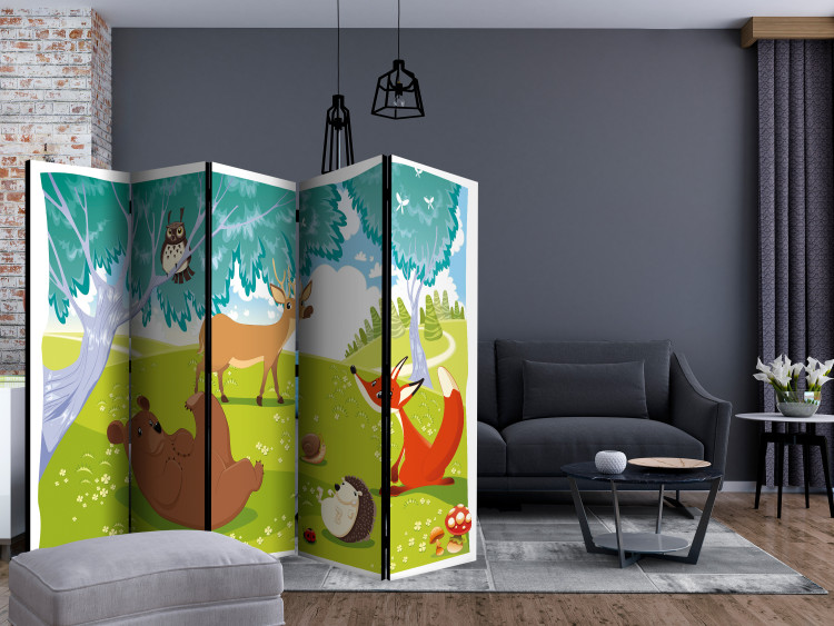 Folding Screen Happy Animals II - colorful forest animals next to a tree in a meadow 133752 additionalImage 4