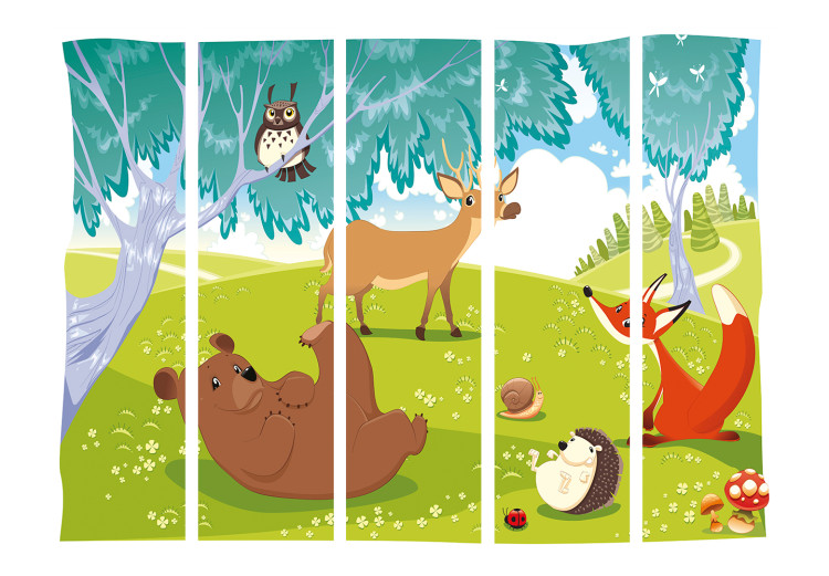 Folding Screen Happy Animals II - colorful forest animals next to a tree in a meadow 133752 additionalImage 3