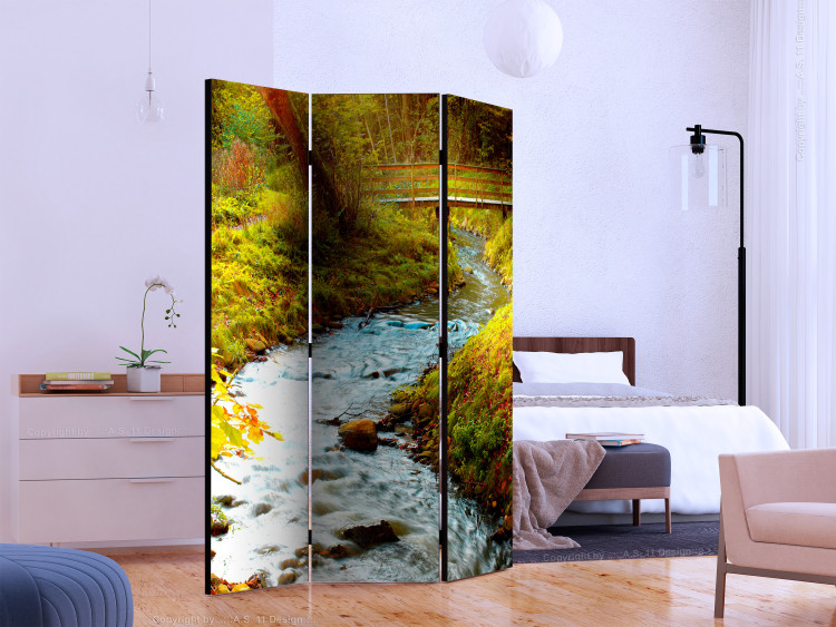 Room Divider Stream (Sunrise) (3-piece) - river with a bridge and trees in the background 134152 additionalImage 2