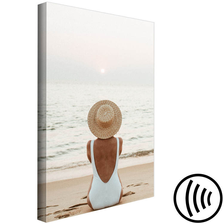 Canvas Art Print Woman in hat on the beach - Marine landscape with sunset 135852 additionalImage 6