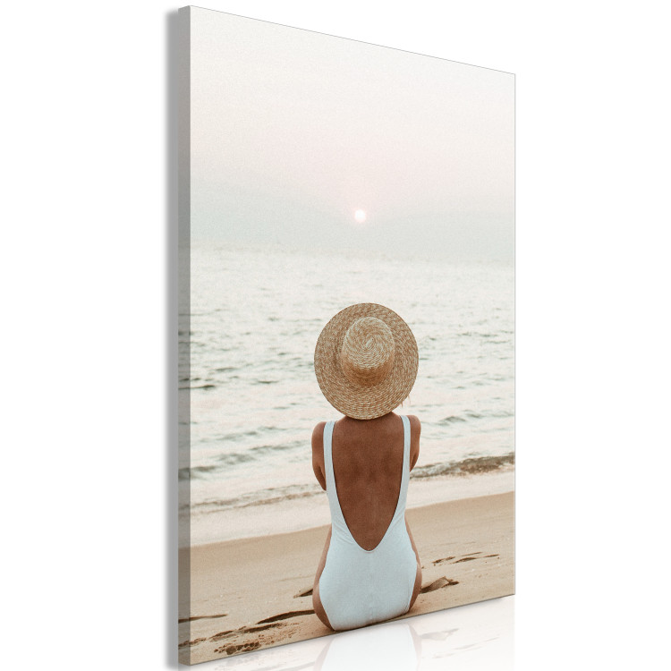 Canvas Art Print Woman in hat on the beach - Marine landscape with sunset 135852 additionalImage 2