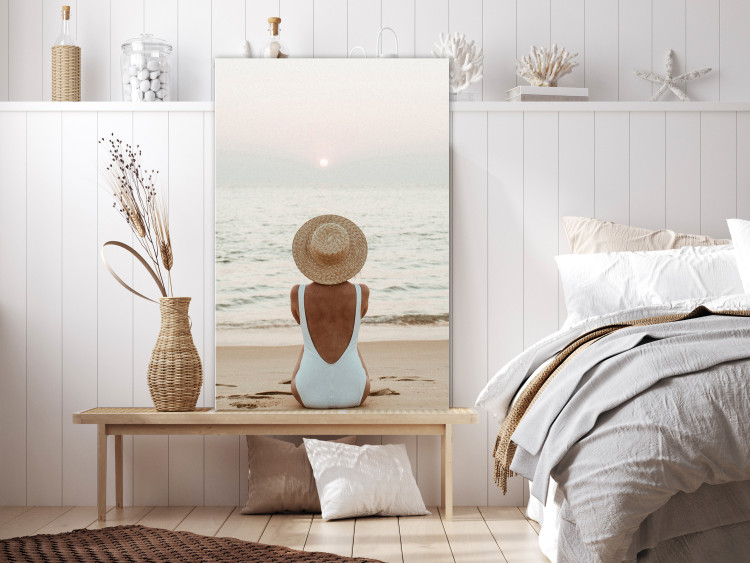 Canvas Art Print Woman in hat on the beach - Marine landscape with sunset 135852 additionalImage 3
