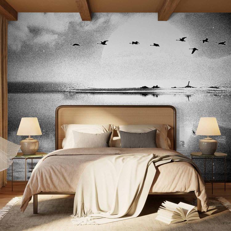 Photo Wallpaper Departure of birds - black and white landscape with a lake against a sunset background 143352 additionalImage 2