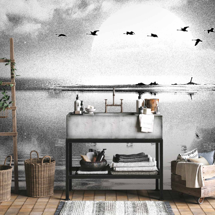 Photo Wallpaper Departure of birds - black and white landscape with a lake against a sunset background 143352 additionalImage 8