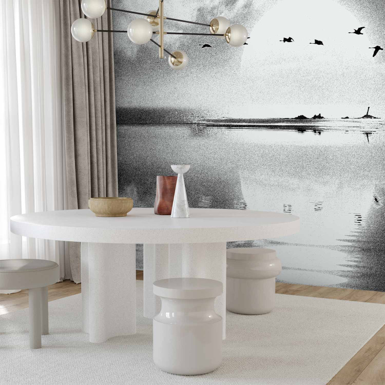 Photo Wallpaper Departure of birds - black and white landscape with a lake against a sunset background 143352 additionalImage 7