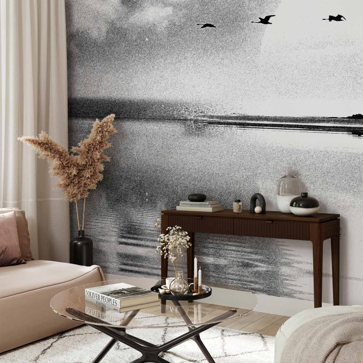 Photo Wallpaper Departure of birds - black and white landscape with a lake against a sunset background 143352