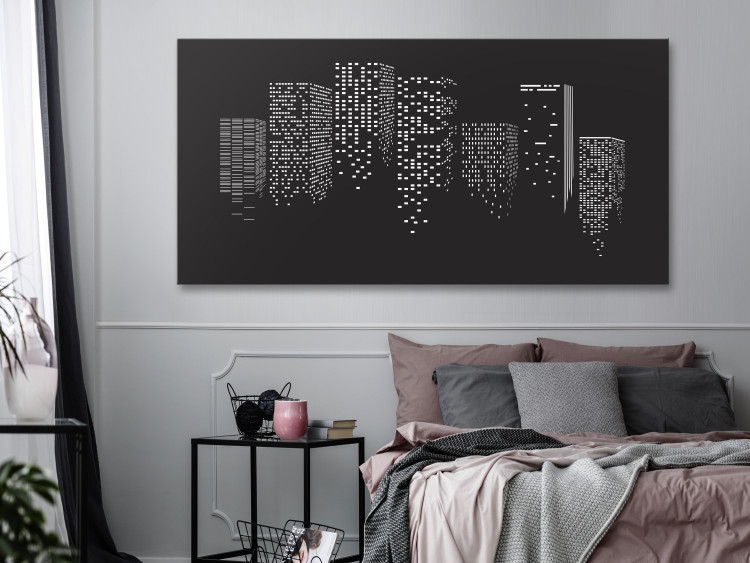 Canvas Art Print Night City - Black and White Skyscrapers With Light in the Windows 149852 additionalImage 3