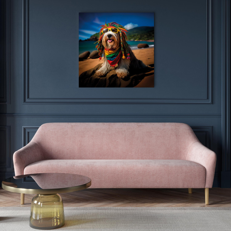 Canvas Print AI Bearded Collie Dog - Rasta Animal Chilling on Paradise Beach - Square 150252 additionalImage 9