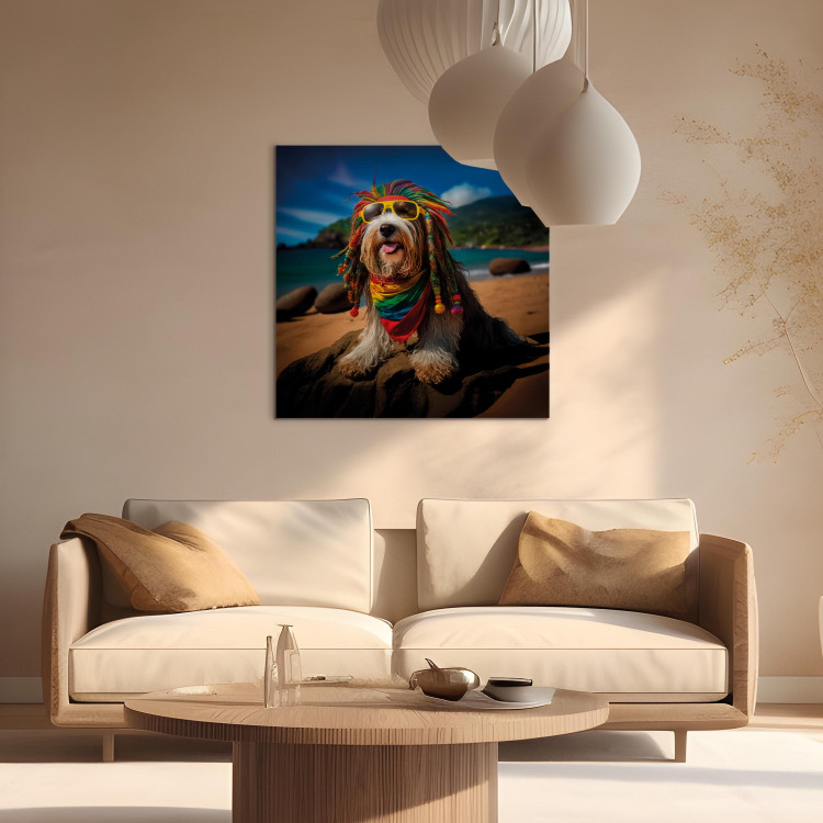 Canvas Print AI Bearded Collie Dog - Rasta Animal Chilling on Paradise Beach - Square 150252 additionalImage 11